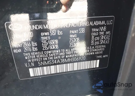 2021 Hyundai Santa Fe Sel z USA, uszkodzony, nr VIN 5NMS34AJ8MH306920